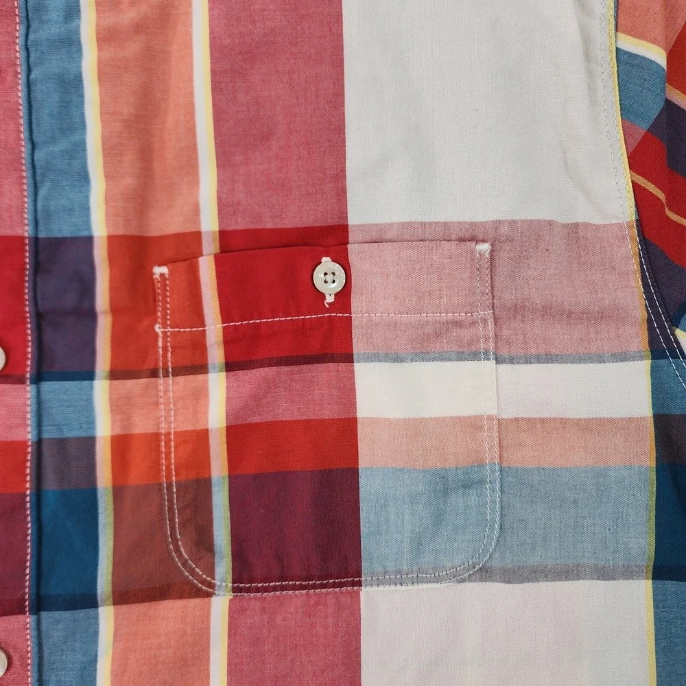 The North Face Shirt Mens XL Orange Red White Madras Short Sleeve Button‎ Up